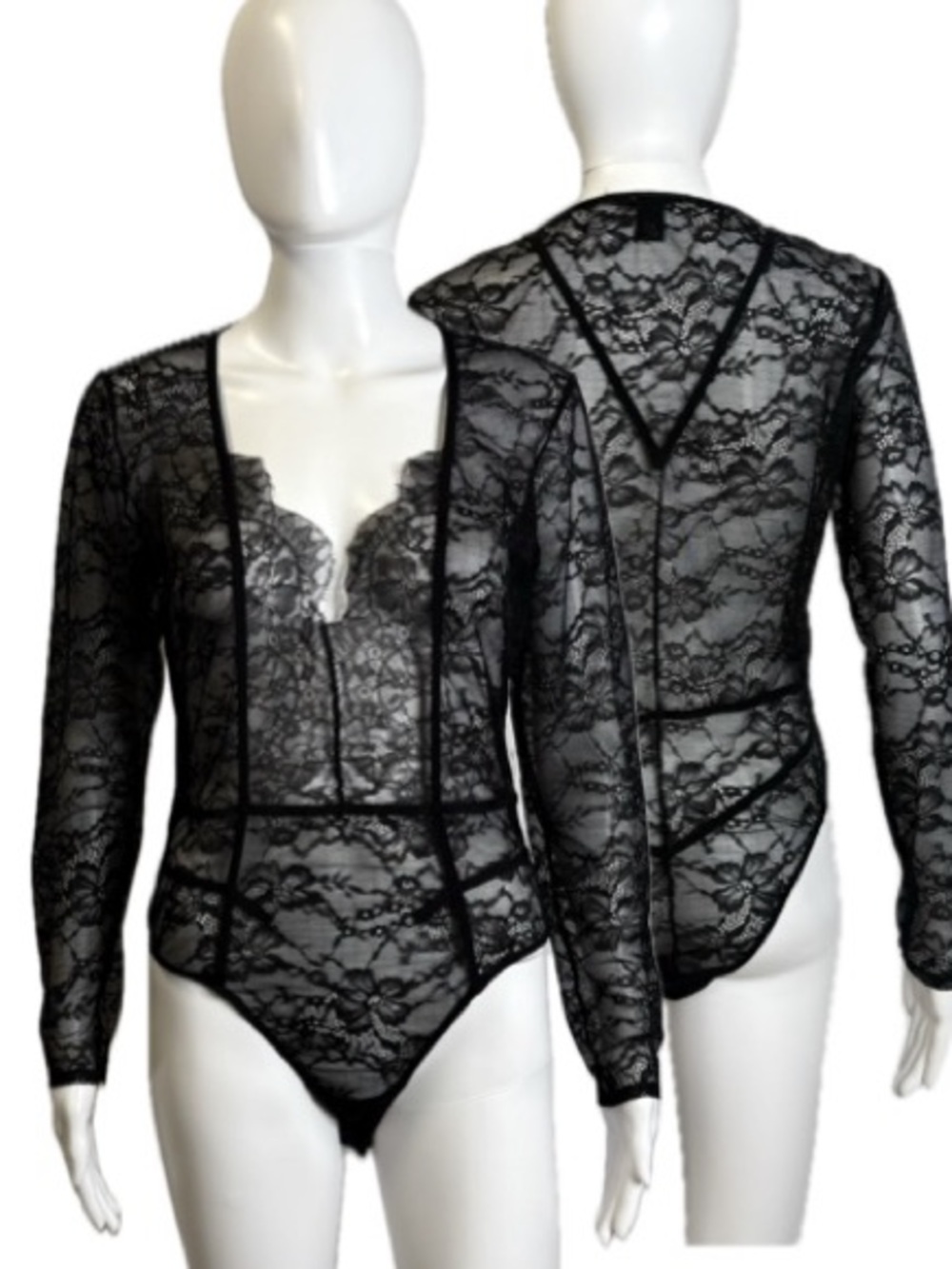 Victoria's Secret Black All Over Lace Long Sleeve V-Neck Bodysuit Size Large